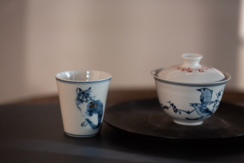 Gilded Qinghua Gaiwan - Bird - Image 3