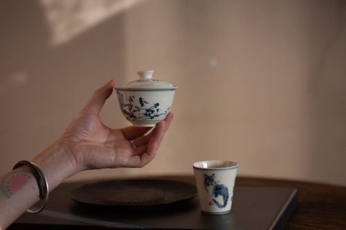 Gilded Qinghua Gaiwan - Bird - Image 8