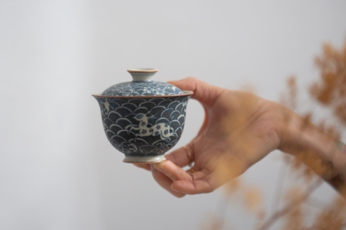 Muted Qinghua Gaiwan - Deer & Wave - Image 9